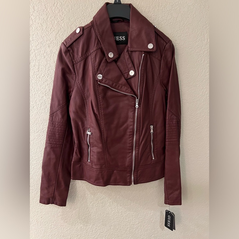 Guess S Faux Leather Maroon Moto Jacket NWT
